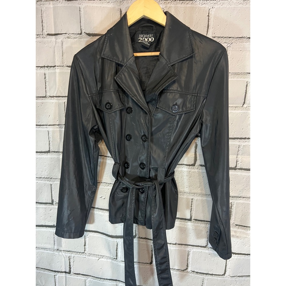 Vintage Y2K Highway 2000 Black Faux Leather Belted Trench Coat Women's S